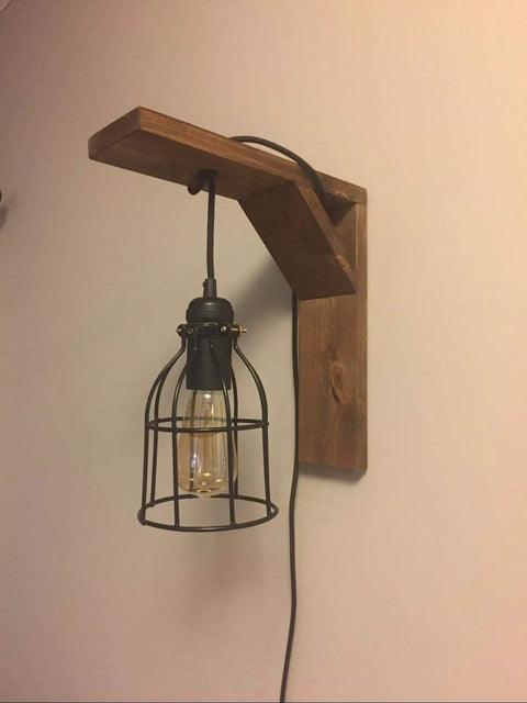 Farmhouse Vintage Industrial Wire Cage Pendant Light Shade Open Style Lamp Guard on a wooden mount, Edison bulb inside