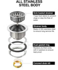 Exploded view of 304 Stainless Steel Kitchen Sink Drain Strainer Assembly Kit showcasing parts including basket, gaskets, and connector.