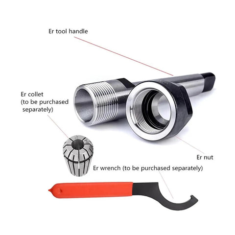 One Pc Cnc Machining Center Er Tool Holder For Lathe Spindle Mtb Taper with tool handle, collet, nut, and wrench.