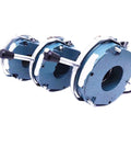 Electromagnetic power-off brake motor assembly, blue housing, side view with drive shaft.