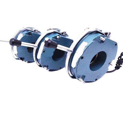 Electromagnetic power-off brake motor assembly, blue housing, side view with drive shaft.