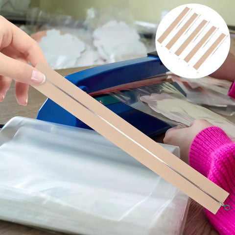 5 Piece Hand Sealer Heating Strips Fast Heat Replacement Elements High Resistance Manual Sealer Parts shown with sealing machine.