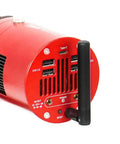 Close-up of red Air Cooled Color Astronomy Camera With Built In Guide Camera And ASIAir Control All In One 585MC Sensor ports