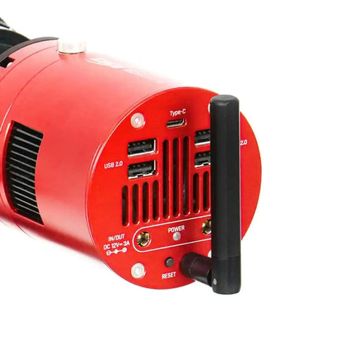 Close-up of red Air Cooled Color Astronomy Camera With Built In Guide Camera And ASIAir Control All In One 585MC Sensor ports