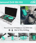 Diamond Tile Drill Bit Set 7Pc Pro Grade Heavy Duty Hole Saw Kit in case, shown with beveling chamfer bits for wet or dry drilling