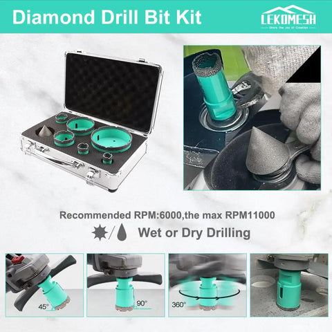 Diamond Tile Drill Bit Set 7Pc Pro Grade Heavy Duty Hole Saw Kit in case, shown with beveling chamfer bits for wet or dry drilling