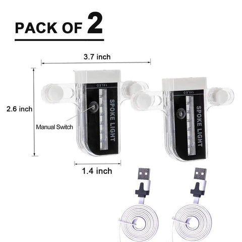 Pack of 2 Rechargeable LED Bike Wheel Lights Spoke Lights Waterproof For Night Riding, dimensions and USB charging cables visible.