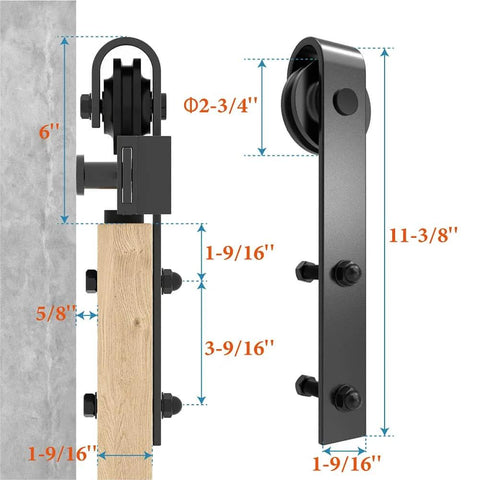 Heavy Duty Sliding Barn Door Roller Kit With Anti Jumper Stopper Floor Guide No Squeak Accessories, side view.