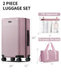 Pink recycled polycarbonate carry-on luggage with spinner wheels and a TSA-approved toiletry bag in a 2-piece set.