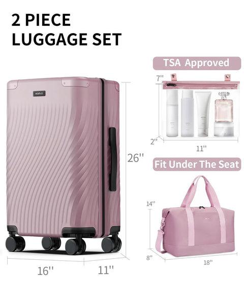 Pink recycled polycarbonate carry-on luggage with spinner wheels and a TSA-approved toiletry bag in a 2-piece set.