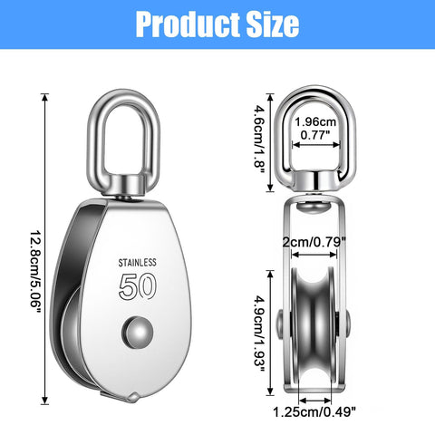 Dimensions of 2 Pack Stainless Steel Snatch Block With Swivel Hook, M50 2 Inch Sheave For 3/8 Inch Rope, Beefy Heavy Duty Pulley