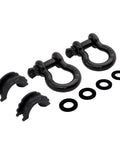 Badass D Ring Shackle Two Pack Packing 62700 Lbs Break Strength With Seven Eighth Inch Screw Pin Plus Shackle Isolator Washers Kit displayed with isolator washers.