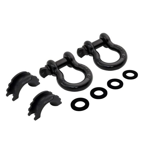 Badass D Ring Shackle Two Pack Packing 62700 Lbs Break Strength With Seven Eighth Inch Screw Pin Plus Shackle Isolator Washers Kit displayed with isolator washers.