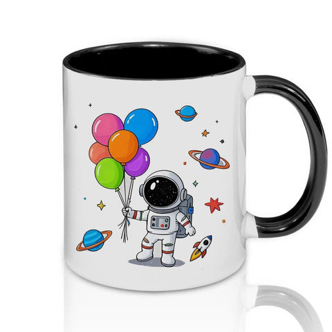 Set Of 9 White Ceramic Sublimation Mugs With Black Inner And Handle, astronaut holding colorful balloons design.