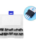 60 Piece Transistor Assortment Kit With 10 Values Storage Box L7805CV And LM317T Included displayed with clear markings and close-up