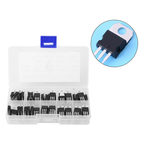 60 Piece Transistor Assortment Kit With 10 Values Storage Box L7805CV And LM317T Included displayed with clear markings and close-up