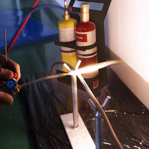 Oxygen MAPP Pro Grade Torch Kit with Portable Stand for Soldering Brazing, showing nozzle and flame in use, cylinder in background