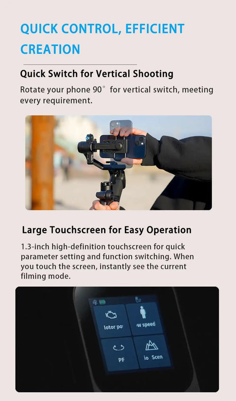 Scorp Mini 3 Gimbal Stabilizer for Smartphones with AI Tracking displayed with touchscreen and vertical shooting option