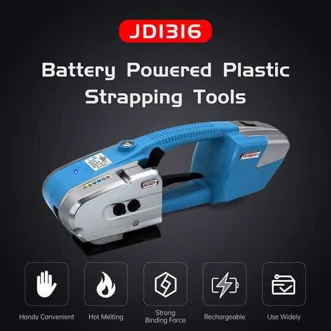 Electric Strapping Machine For Half To Five Eighths Inch Wide PP PET Straps Auto Heat Melt Sealer Dual 4000mAh Batteries on blue