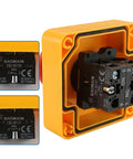 Close-up of Emergency Stop Switch With Enclosure 660V 10A Red Mushroom Push Button 1NO 1NC IP65 Rugged Weatherproof Surface Mount