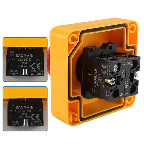 Close-up of Emergency Stop Switch With Enclosure 660V 10A Red Mushroom Push Button 1NO 1NC IP65 Rugged Weatherproof Surface Mount