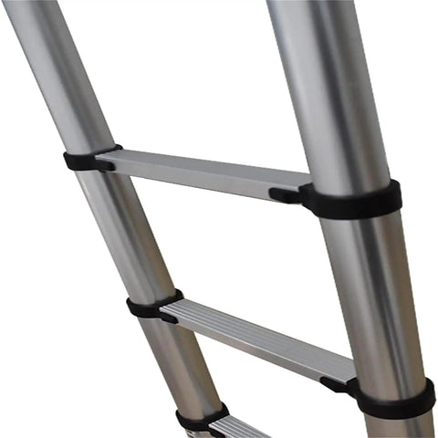 Fourteen And A Half Foot Telescoping Ladder For Home Use Lightweight Aluminum Retractable Collapsible Step Ladder close-up of locking rungs