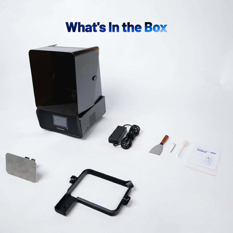 RS Resin 3D Printer With Beefy 8.74 By 4.8 By 8.98 Inch Build Volume shown with included accessories