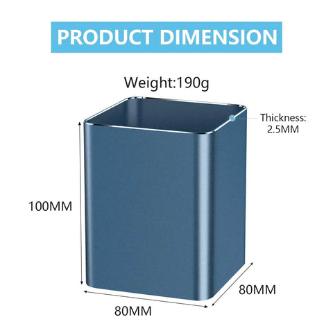 Blue Square Pen Holder Cup, Aluminum Desk Organizer For Pens And Pencils, dimensions 100x80x80mm, weight 190g, thickness 2.5mm