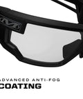 Close-up of Kick Ass Industrial Safety Glasses with clear anti fog polycarbonate lenses and rugged black frame.