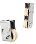Top Tier Stainless Steel Double Wheel Sliding Door Pulley Featuring Heavy Duty Bearing Rollers That Deliver Slick Glide Action For Kitchen Windows And Knockout Home Hardware Upgrades One Piece, showing front and side views.
