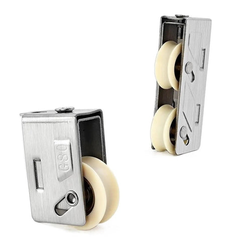 Top Tier Stainless Steel Double Wheel Sliding Door Pulley Featuring Heavy Duty Bearing Rollers That Deliver Slick Glide Action For Kitchen Windows And Knockout Home Hardware Upgrades One Piece, showing front and side views.