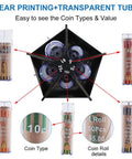 Easy Coin Sorter Tube Set With Wrappers showing clear tubes, coin types, values, and roll details for home or office organization.