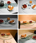 Extra Large Round Glass Lazy Susan Turntable with food items arranged on plates atop a rotating tray.