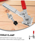 2 Pack Welding Toggle Clamps Quick Release Hold Down Clamps for Woodworking and Metalworking with red handle on wooden surface