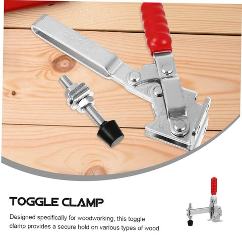 2 Pack Welding Toggle Clamps Quick Release Hold Down Clamps for Woodworking and Metalworking with red handle on wooden surface