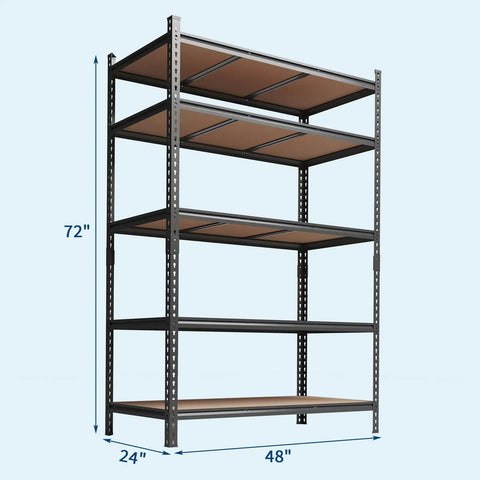 Heavy Duty Metal Shelving Rack With Five Adjustable Levels For A Tough Garage Storage Setup And Workshop Organization Delivers A Solid Workhorse Three Thousand Two Hundred Pound Load Rating, 72 x 48 x 24 inches.