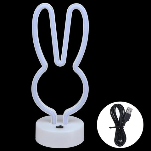 Bunny Shape LED Neon Sign Totally Lit For Easter Rooms Colorful Rabbit Neon Lights USB Or Battery Powered Night Light With Base Cute Rabbit Head Desk Table Decor Safe Soft Glow For Baby Nursery And Gift Ideas For Kids with USB cord