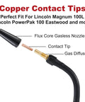 Flux Core Gasless MIG Welding Gun Kit With 24 Pieces Including 20 Tips, 2 Nozzles And 2 Diffusers shown with labeled parts