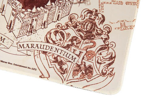 Corner detail of the Harry Potter Marauder's Map Desk Mat XXL Gaming Desk Pad featuring map artwork, waterproof neoprene surface.