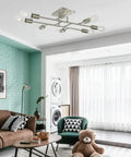 8 Light Modern Sputnik Ceiling Light In Brushed Nickel, Vintage Metal Chandelier in living room, semi flush mount fixture