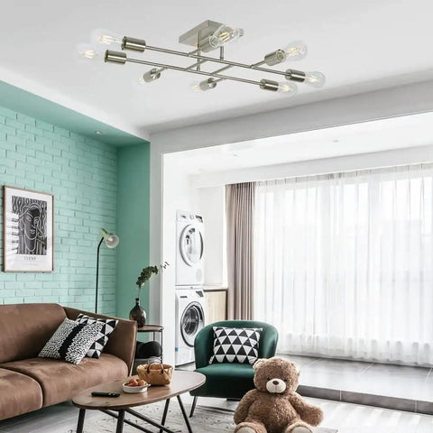 8 Light Modern Sputnik Ceiling Light In Brushed Nickel, Vintage Metal Chandelier in living room, semi flush mount fixture