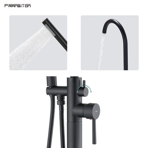 Matte Black Freestanding Tub Faucet Floor Mounted Brass Bathroom Tub Filler With Hand Shower Sleek Dope Style close-up view