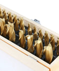 20-piece TiN-coated HSS end mill set in a wooden case, angled top view; sizes 3/16–3/4 in, 2F/4F, straight shanks.