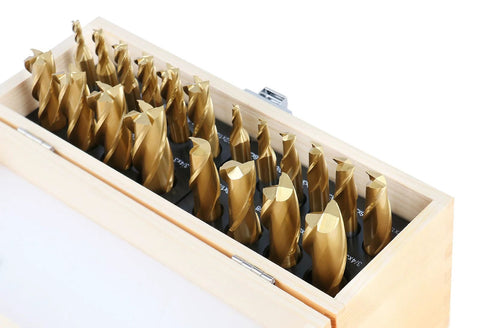 20-piece TiN-coated HSS end mill set in a wooden case, angled top view; sizes 3/16–3/4 in, 2F/4F, straight shanks.