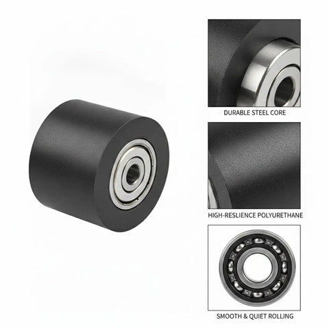 Heavy Duty Pu Coated Bearing Roller Wheel For Industrial Conveyor Systems And Sliding Door Tracks With Durable Steel Core close-up view showing polyurethane outer and metal bearing.