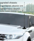 UT106 Dual Band Magnetic Base Ham Radio Antenna With SMA Female Connector mounted on white vehicle hood