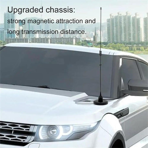 UT106 Dual Band Magnetic Base Ham Radio Antenna With SMA Female Connector mounted on white vehicle hood