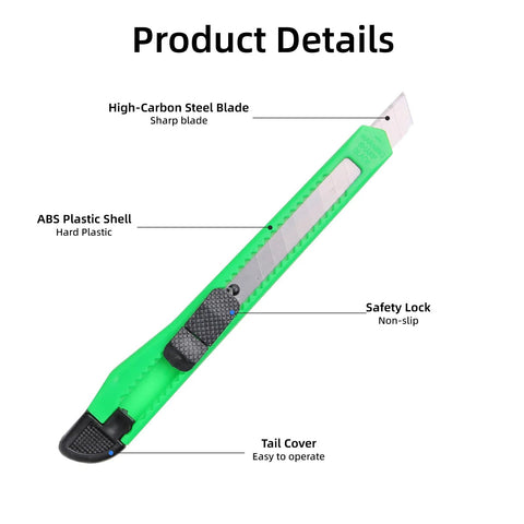 Green retractable box cutter knife, 4-pack, ABS plastic shell, high-carbon steel blade, safety lock, Amazon brand