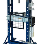 Supercharged Steel H Frame Pneumatic Air Hydraulic Garage Shop Press, 30 ton capacity, showing foot pedal and adjustable base.