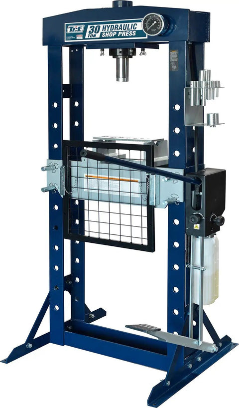 Supercharged Steel H Frame Pneumatic Air Hydraulic Garage Shop Press, 30 ton capacity, showing foot pedal and adjustable base.